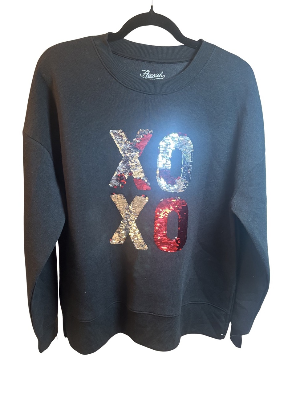 Fleurish Black Sweatshirt Reversible Sequin XO Graphic Large New
